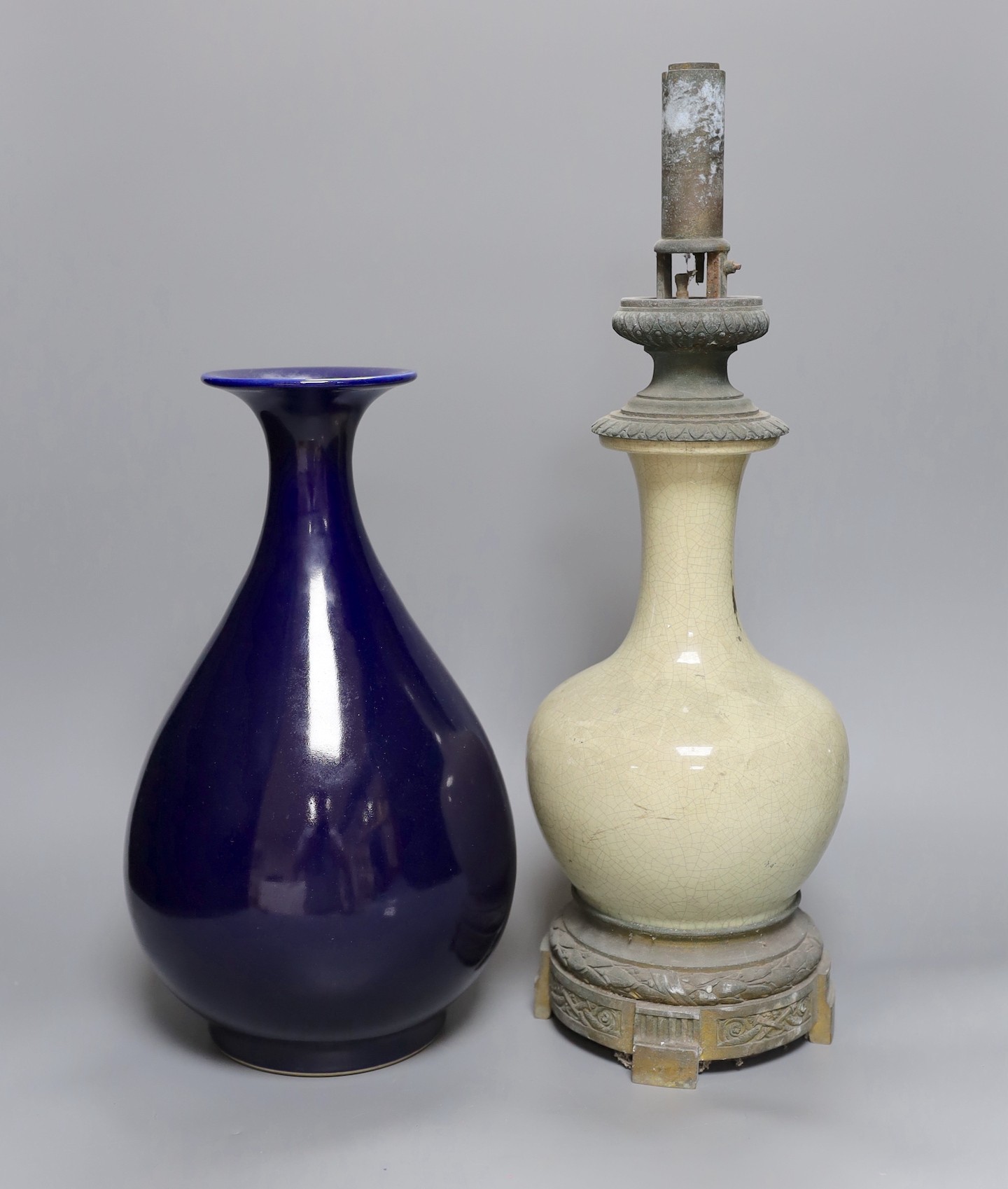 A Chinese blue glazed vase, Yongzheng mark to base but later and a Chinese crackle glazed vase converted to a lamp, total height 47cm